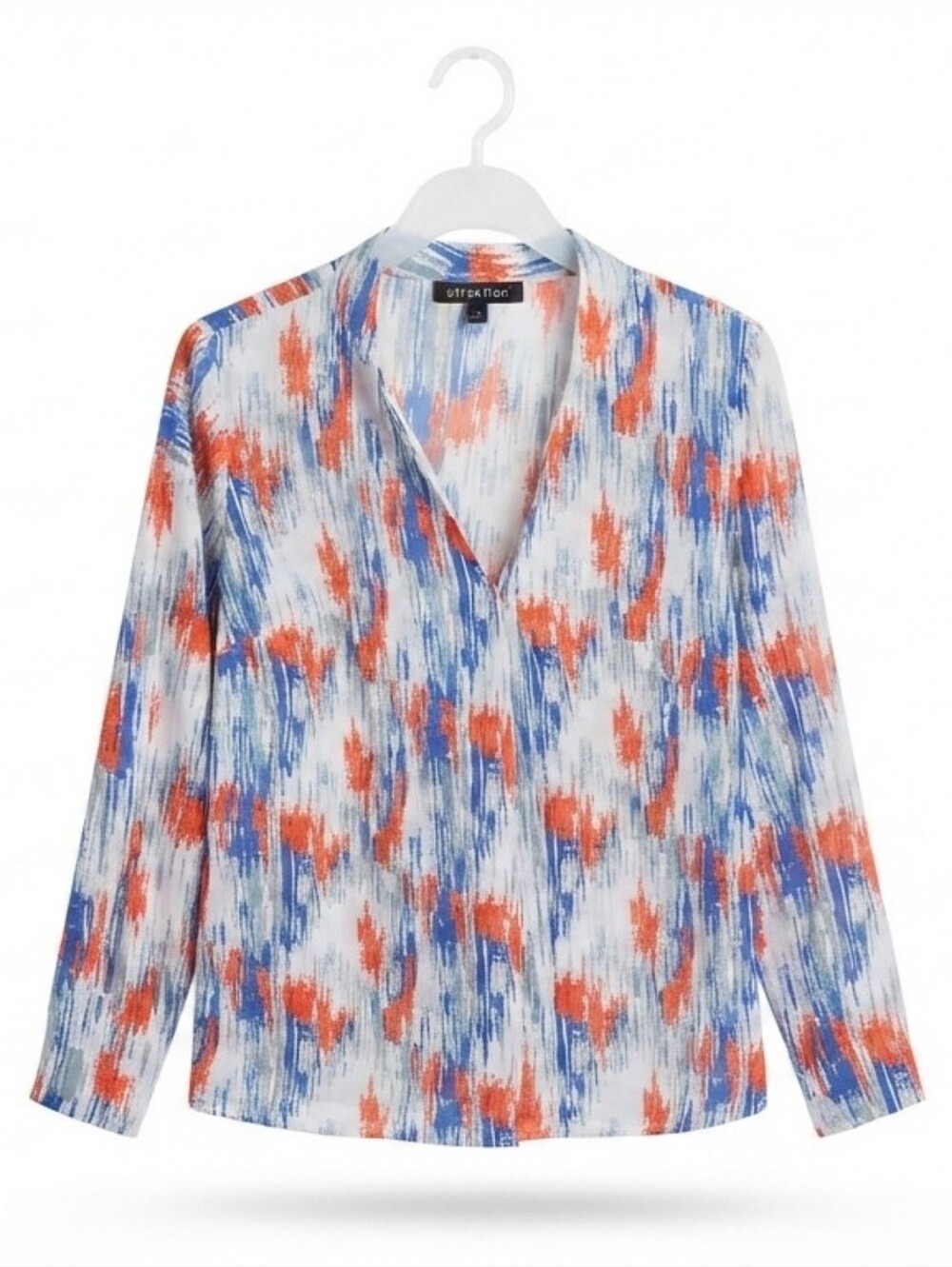 Attention Women's Long Sleeve Blouse Medium Abstract Print Blue Orange White V-N